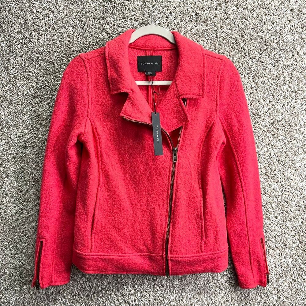 Tahari Jacket Women’s XS Salmon‎ Pink Wool Blend Zip Moto NWT